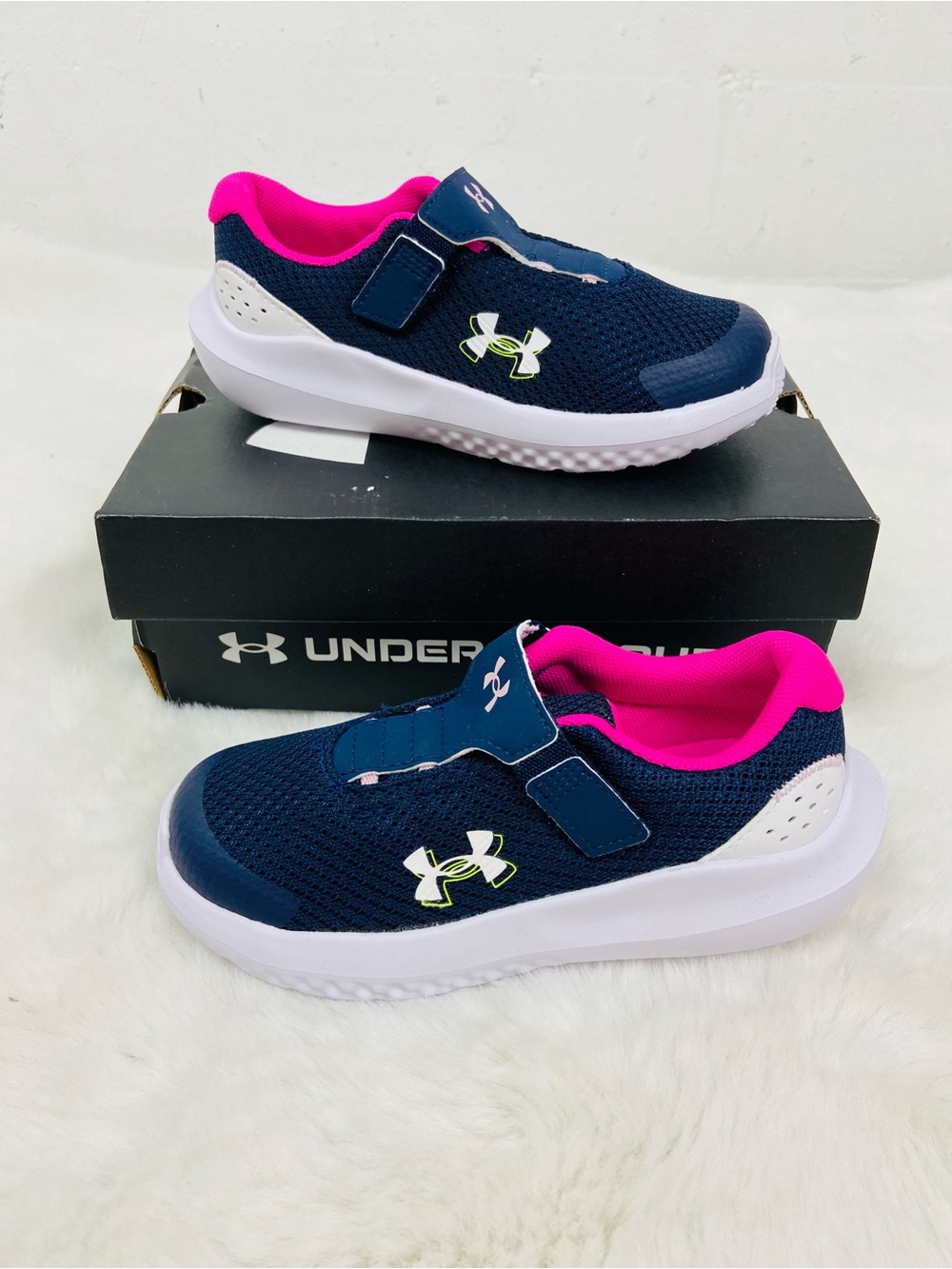 NWT Under Armour Kids' Navy & Pink Easy-On Athletic Shoes size 10